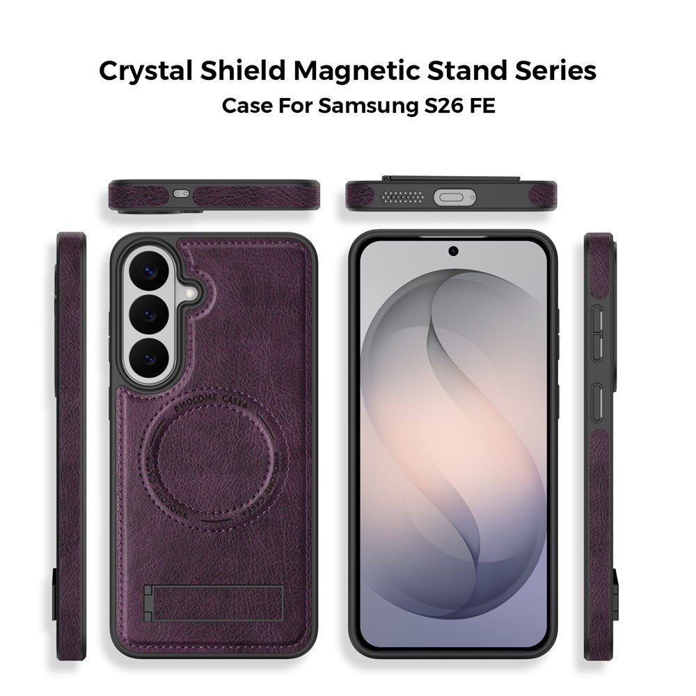 Magnetiskt skal för Samsung Galaxy S26 FE med stativ och PC-silikon, läder, bakstycke