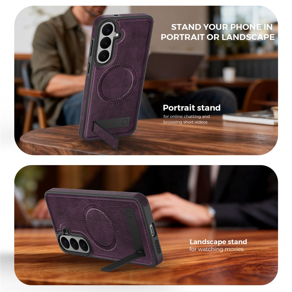 Magnetiskt skal för Samsung Galaxy S26 FE med stativ och PC-silikon, läder, bakstycke