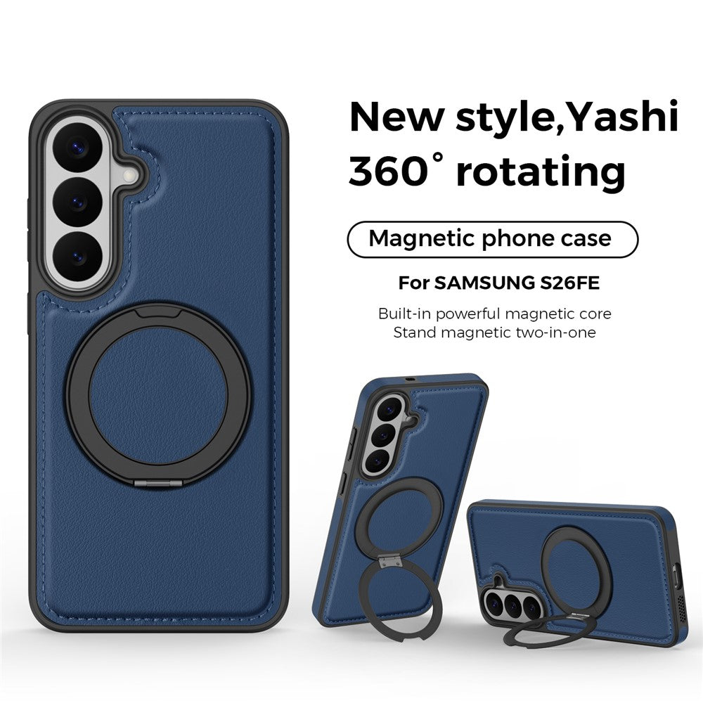 Magnetiskt skal för Samsung Galaxy S26 FE med ringstativ i PU-läder bakstycke
