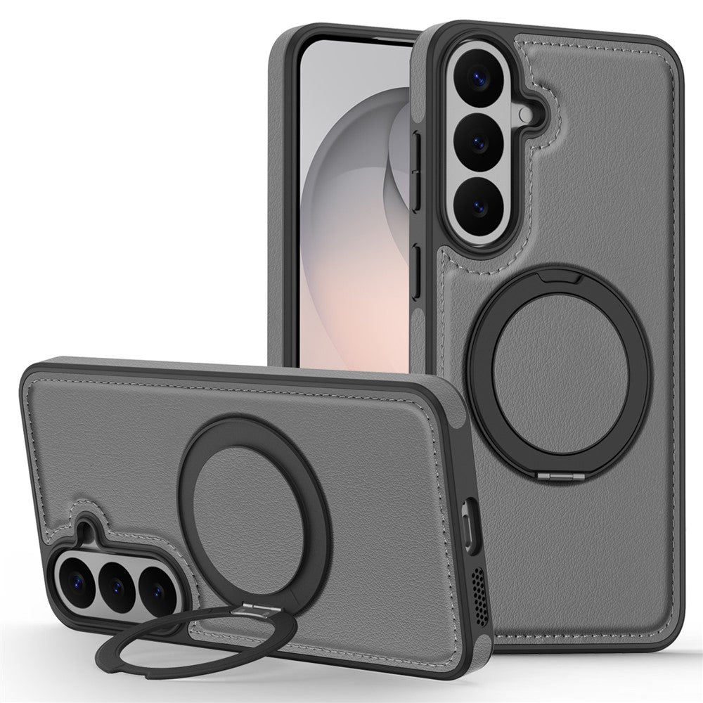 Magnetiskt skal för Samsung Galaxy S26 FE med ringstativ i PU-läder bakstycke