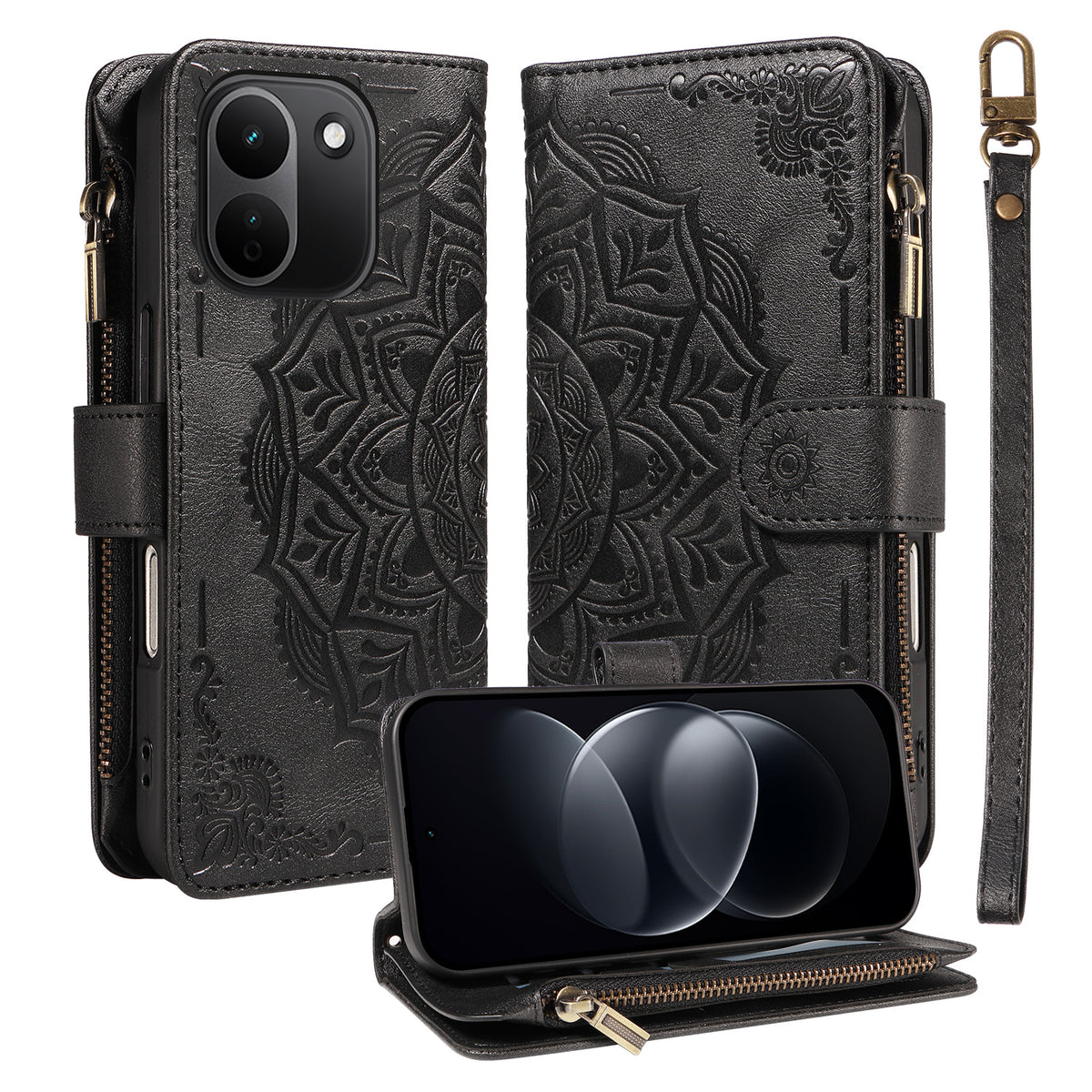Xiaomi Redmi Note 17 Pro+ 5G / Xiaomi Redmi Note 17 Pro Max 5G Plånboksfodral 9 kortfack RFID-blockerande mandala präglad läderficka med handledsrem