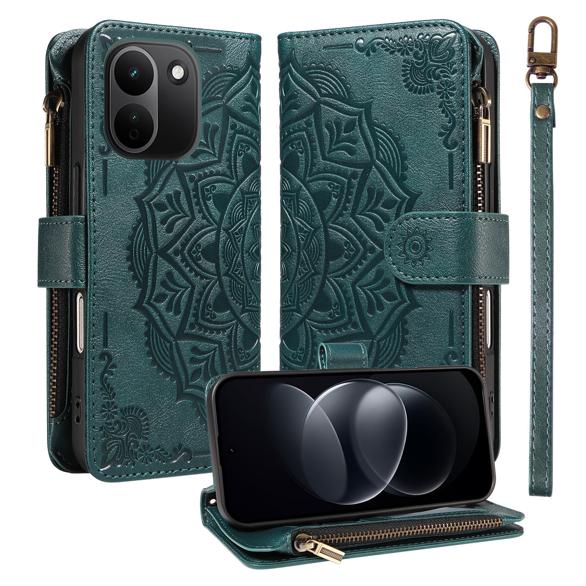 Xiaomi Redmi Note 17 Pro+ 5G / Xiaomi Redmi Note 17 Pro Max 5G Plånboksfodral 9 kortfack RFID-blockerande mandala präglad läderficka med handledsrem