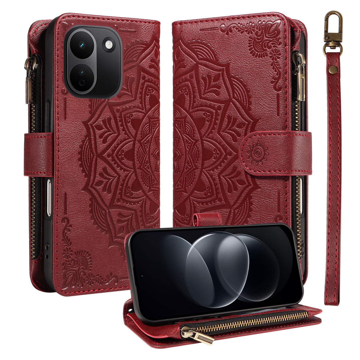 Xiaomi Redmi Note 17 Pro+ 5G / Xiaomi Redmi Note 17 Pro Max 5G Plånboksfodral 9 kortfack RFID-blockerande mandala präglad läderficka med handledsrem