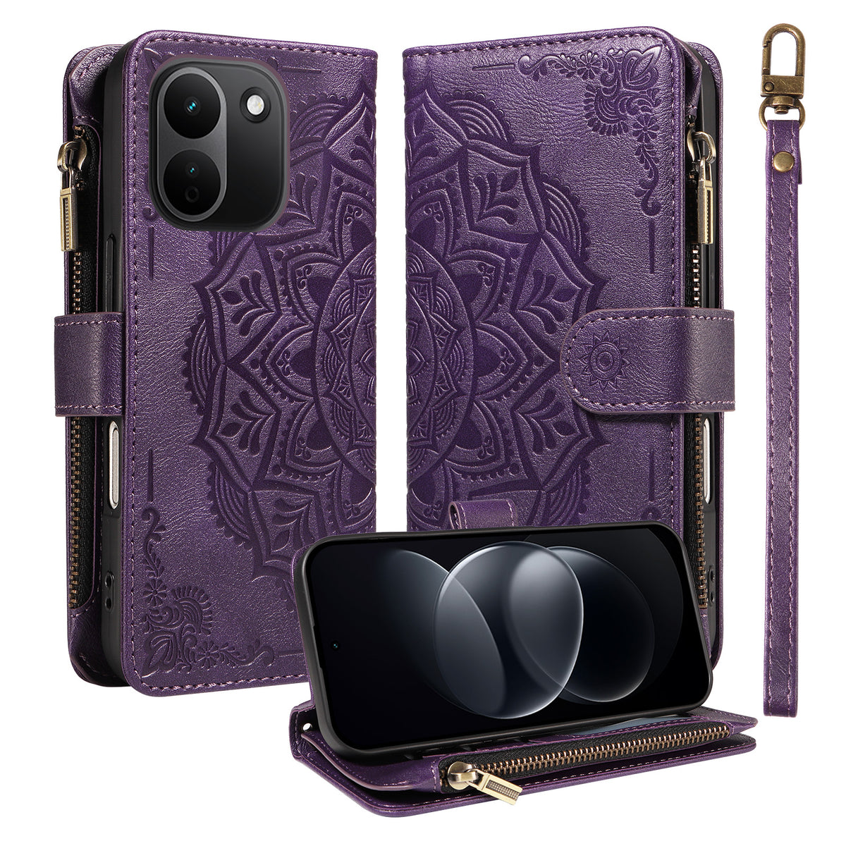 Xiaomi Redmi Note 17 Pro+ 5G / Xiaomi Redmi Note 17 Pro Max 5G Plånboksfodral 9 kortfack RFID-blockerande mandala präglad läderficka med handledsrem