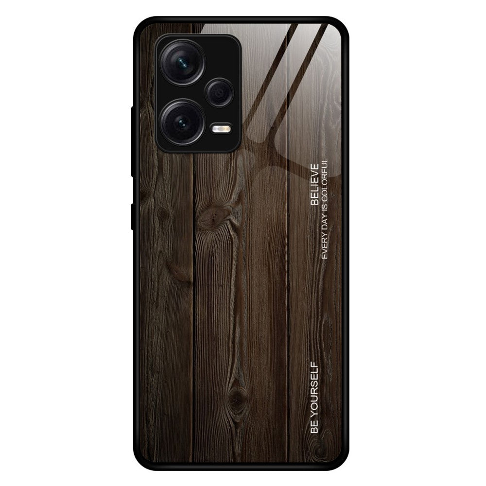 For Xiaomi Redmi Note 12 Pro+ 5G Back Protector Wooden Pattern Tempered Glass Shell Drop Resistant Phone Case TPU Frame Protective Cover