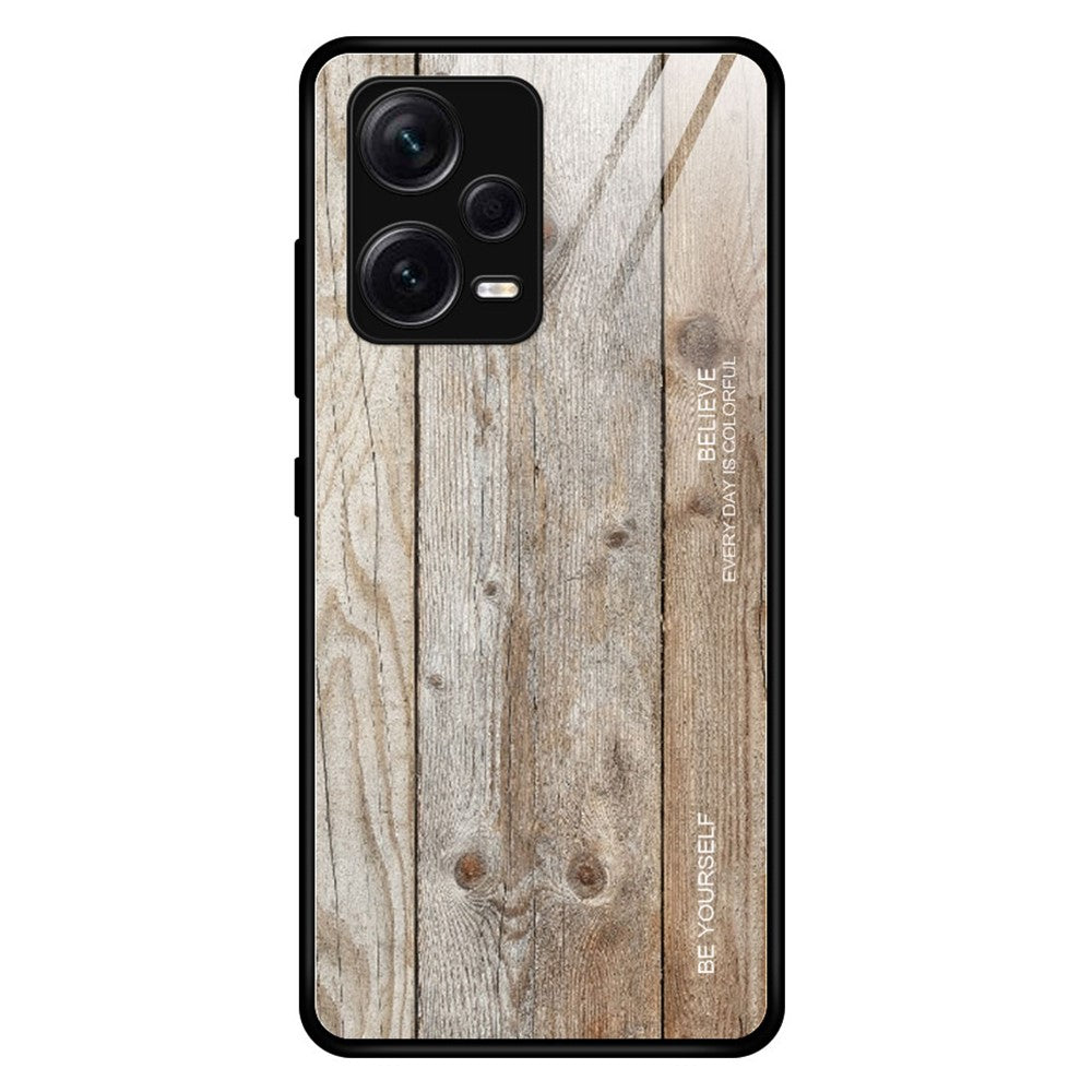 For Xiaomi Redmi Note 12 Pro+ 5G Back Protector Wooden Pattern Tempered Glass Shell Drop Resistant Phone Case TPU Frame Protective Cover