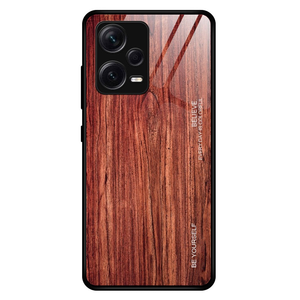 For Xiaomi Redmi Note 12 Pro+ 5G Back Protector Wooden Pattern Tempered Glass Shell Drop Resistant Phone Case TPU Frame Protective Cover