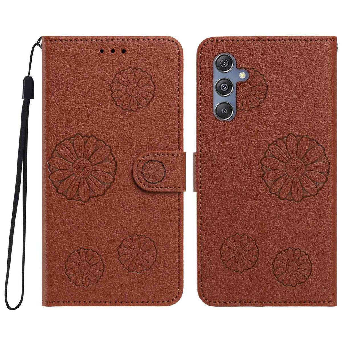 Samsung Galaxy A15 5G / Galaxy A15 4G Plånboksfodral i PU-läder med daisymönster och handledsrem