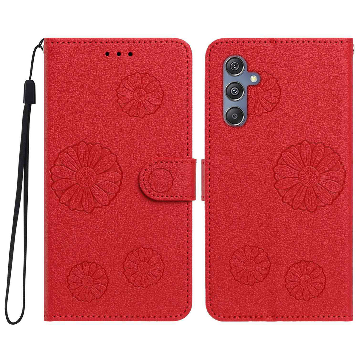 Samsung Galaxy A15 5G / Galaxy A15 4G Plånboksfodral i PU-läder med daisymönster och handledsrem