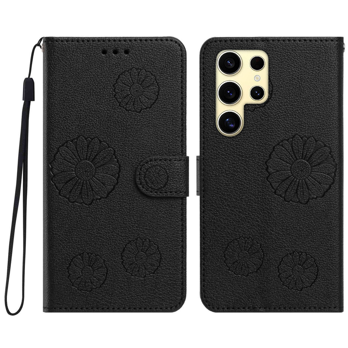 For Samsung Galaxy S24 Ultra Daisy Pattern PU Leather Wallet Phone Cover with Wrist Strap