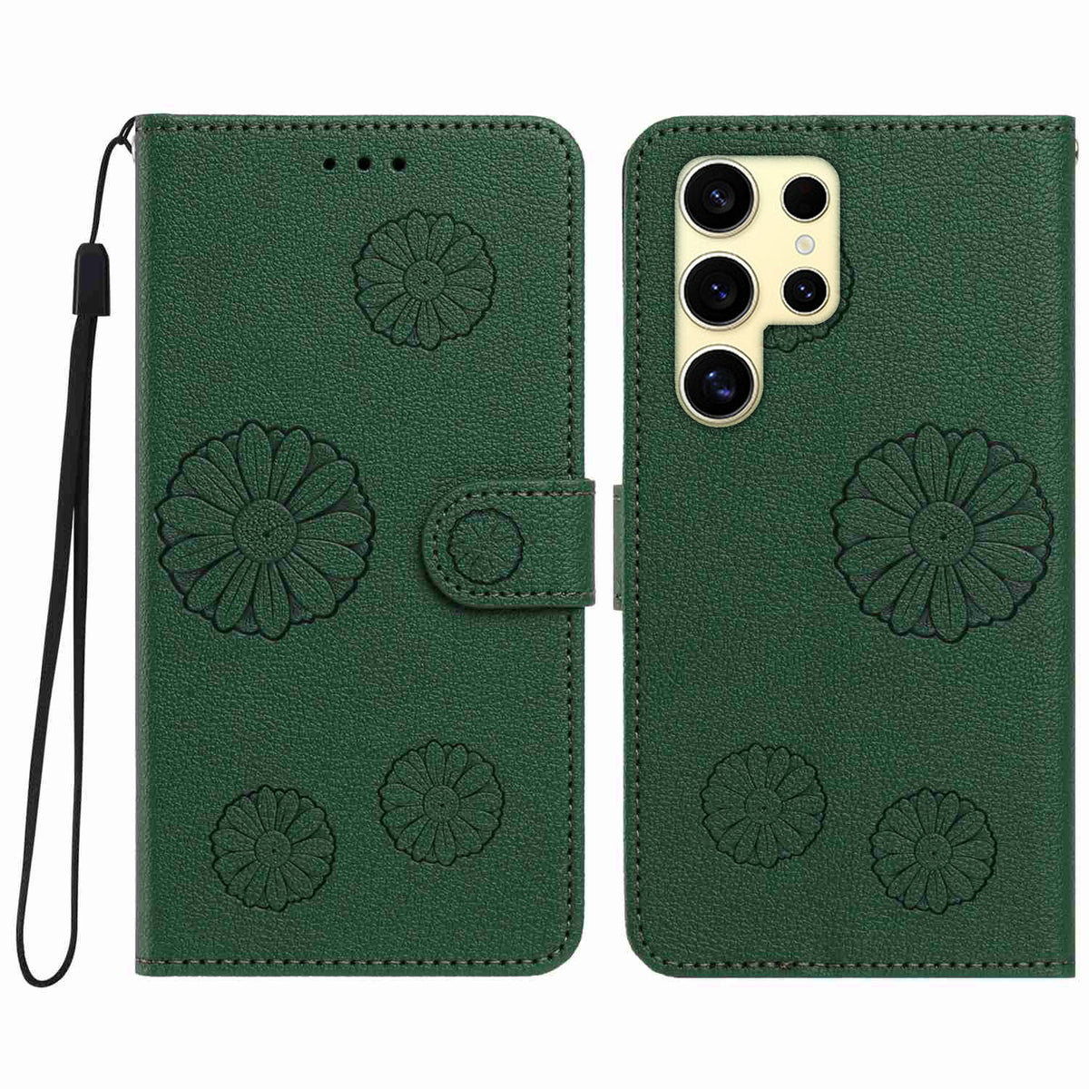 For Samsung Galaxy S24 Ultra Daisy Pattern PU Leather Wallet Phone Cover with Wrist Strap