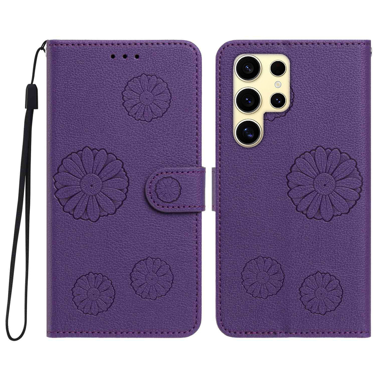 For Samsung Galaxy S24 Ultra Daisy Pattern PU Leather Wallet Phone Cover with Wrist Strap