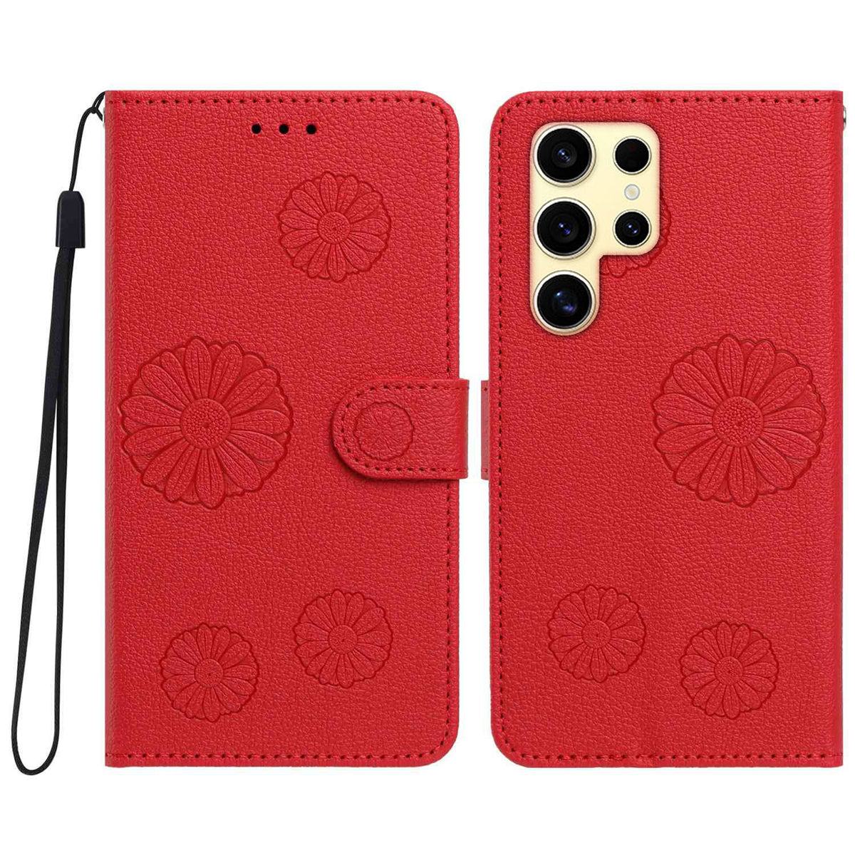 For Samsung Galaxy S24 Ultra Daisy Pattern PU Leather Wallet Phone Cover with Wrist Strap