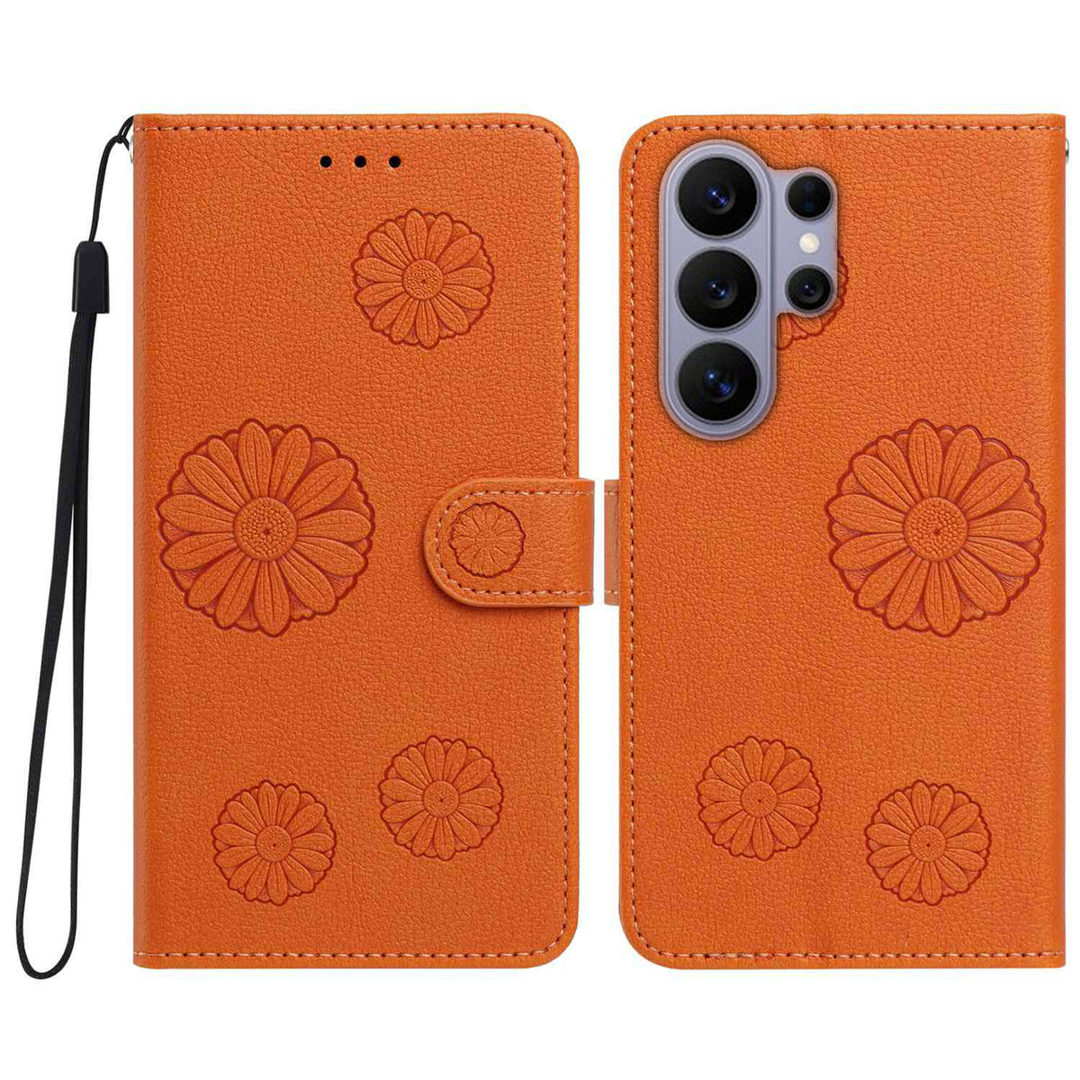 For Samsung Galaxy S23 Ultra Daisy Pattern PU Leather Wallet Phone Cover with Wrist Strap