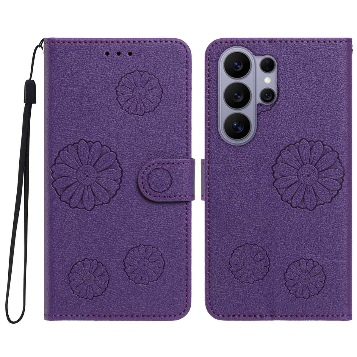 For Samsung Galaxy S23 Ultra Daisy Pattern PU Leather Wallet Phone Cover with Wrist Strap