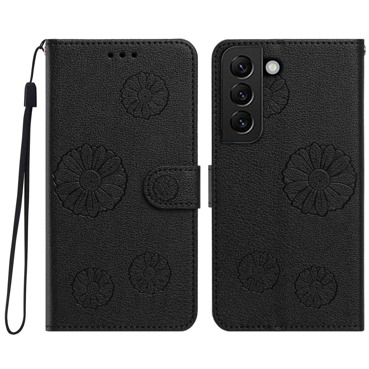 For Samsung Galaxy S22 5G Daisy Pattern PU Leather Wallet Phone Cover with Wrist Strap
