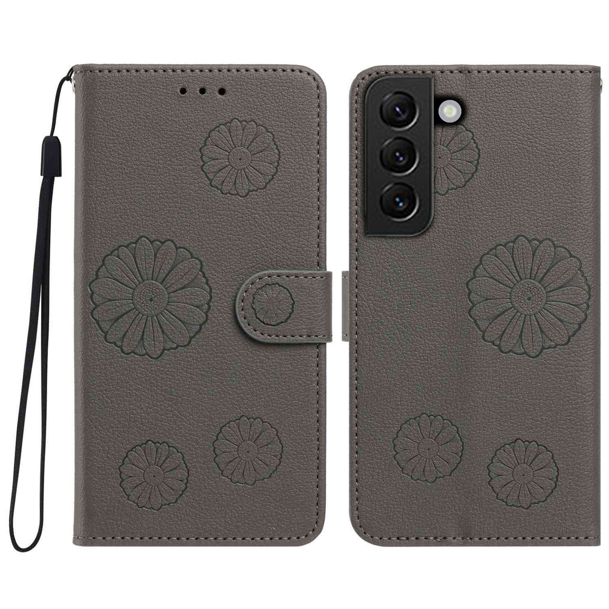 For Samsung Galaxy S22 5G Daisy Pattern PU Leather Wallet Phone Cover with Wrist Strap