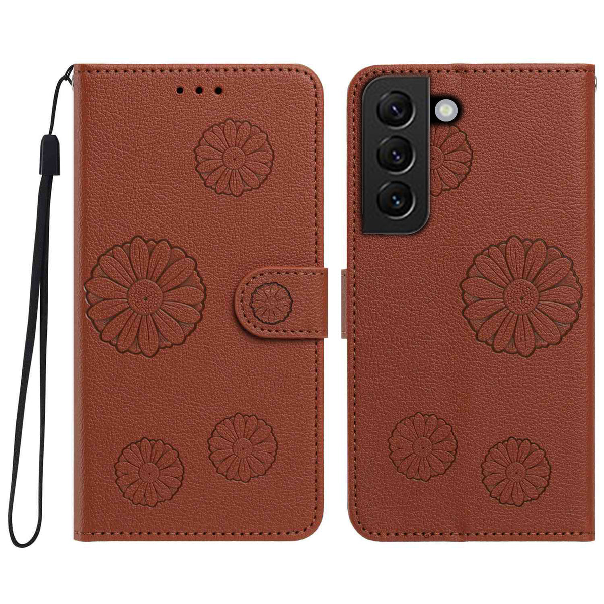 For Samsung Galaxy S22 5G Daisy Pattern PU Leather Wallet Phone Cover with Wrist Strap