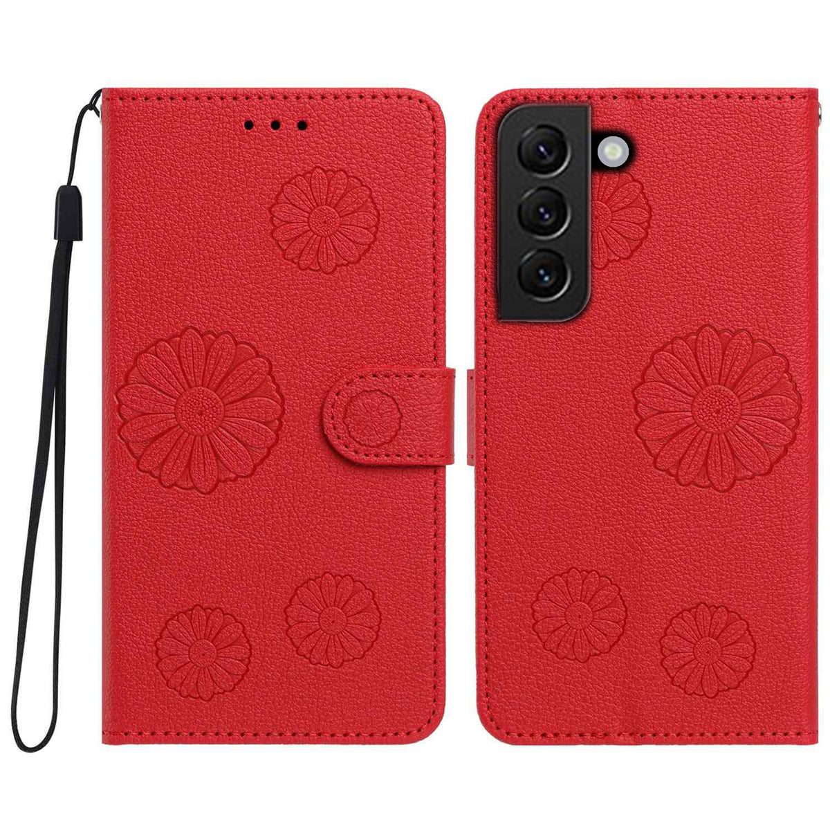 For Samsung Galaxy S22 5G Daisy Pattern PU Leather Wallet Phone Cover with Wrist Strap