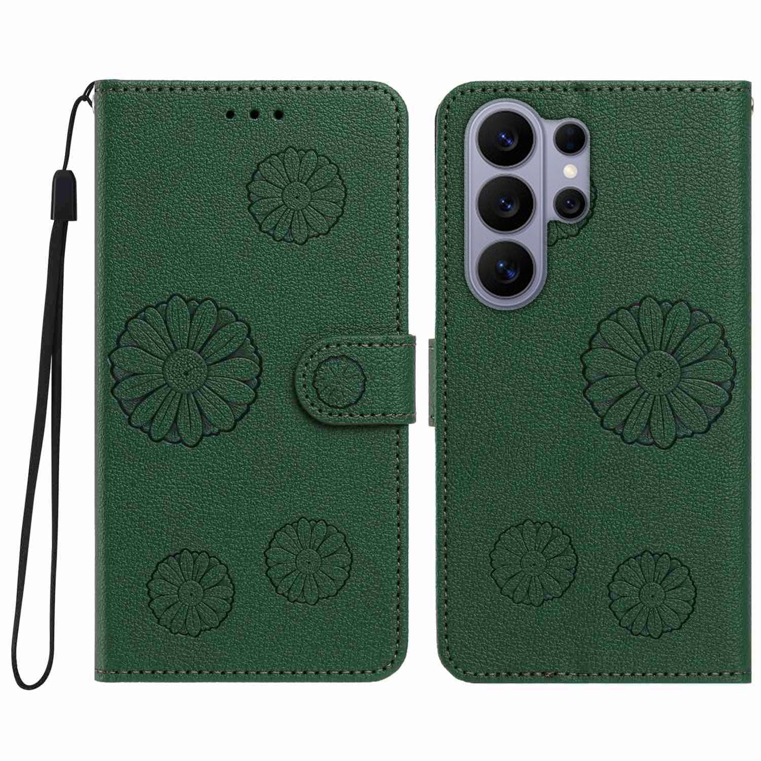 For Samsung Galaxy S25 Ultra Daisy Pattern PU Leather Wallet Phone Cover with Wrist Strap