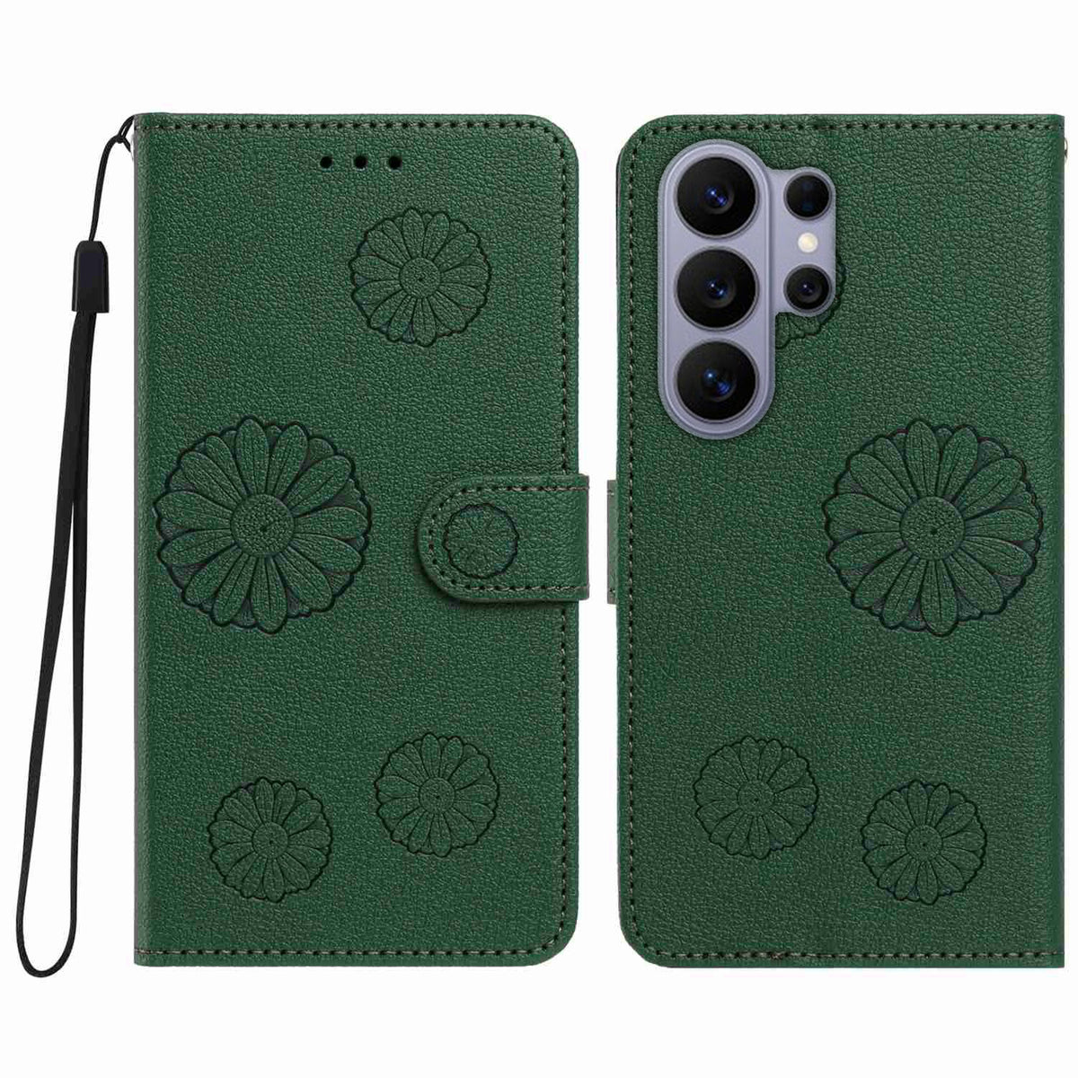For Samsung Galaxy S25 Ultra Daisy Pattern PU Leather Wallet Phone Cover with Wrist Strap