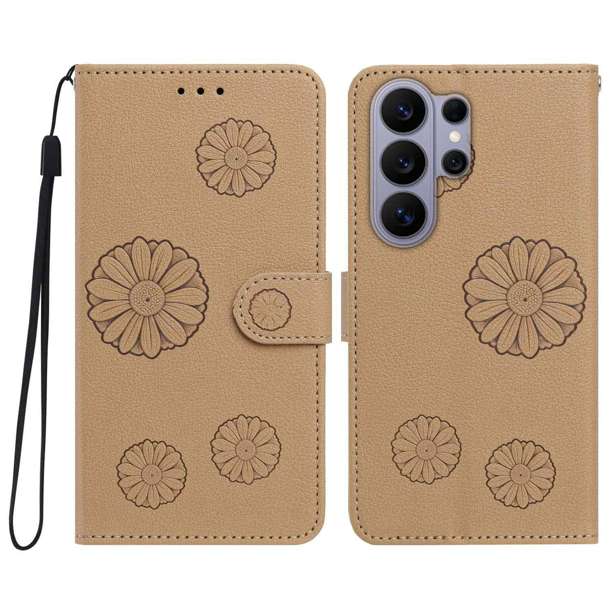 For Samsung Galaxy S25 Ultra Daisy Pattern PU Leather Wallet Phone Cover with Wrist Strap