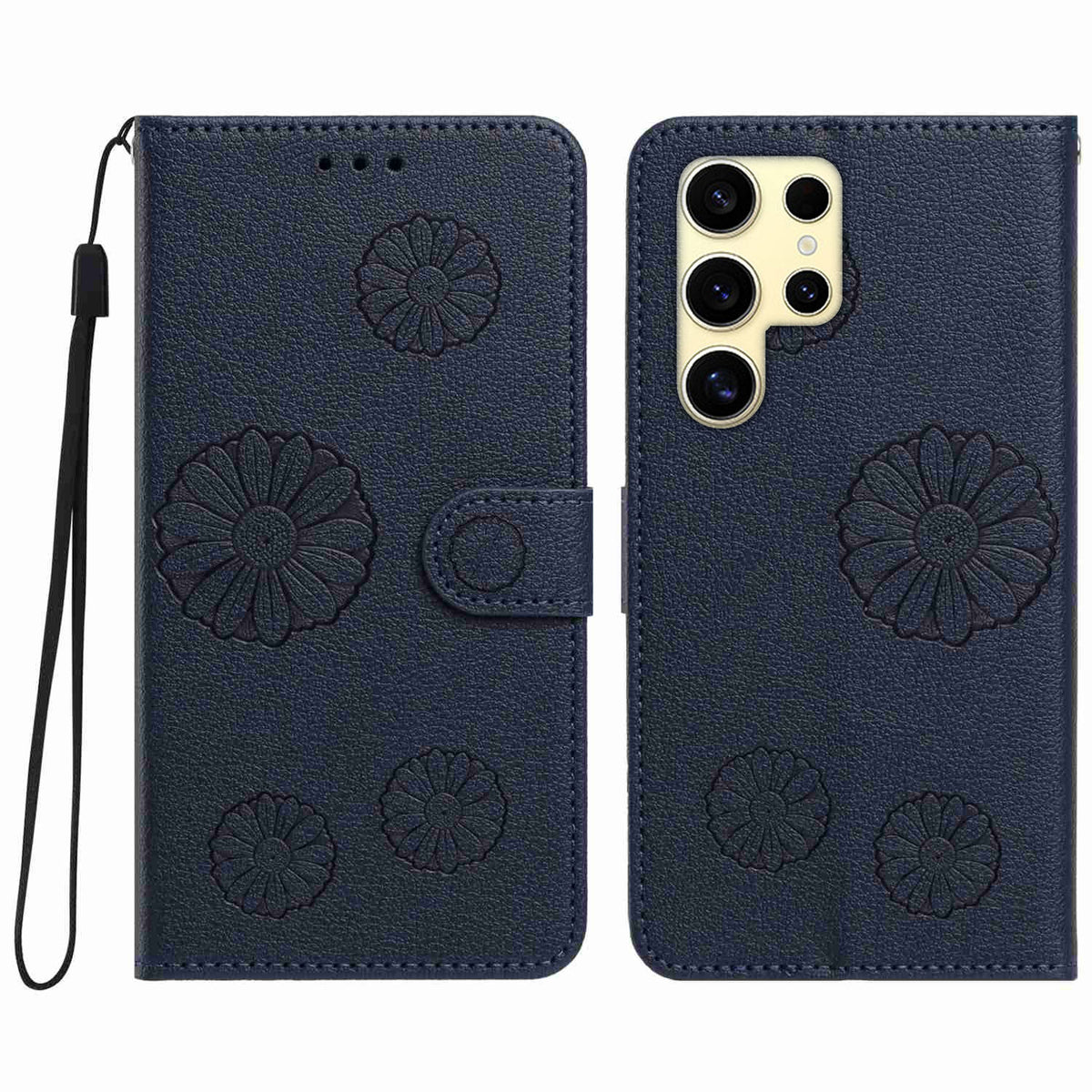 For Samsung Galaxy S22 Ultra 5G Daisy Pattern PU Leather Wallet Phone Cover with Wrist Strap