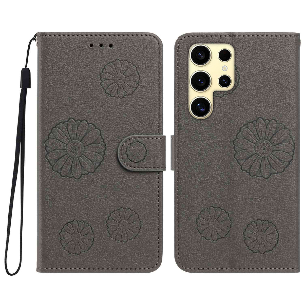 For Samsung Galaxy S22 Ultra 5G Daisy Pattern PU Leather Wallet Phone Cover with Wrist Strap