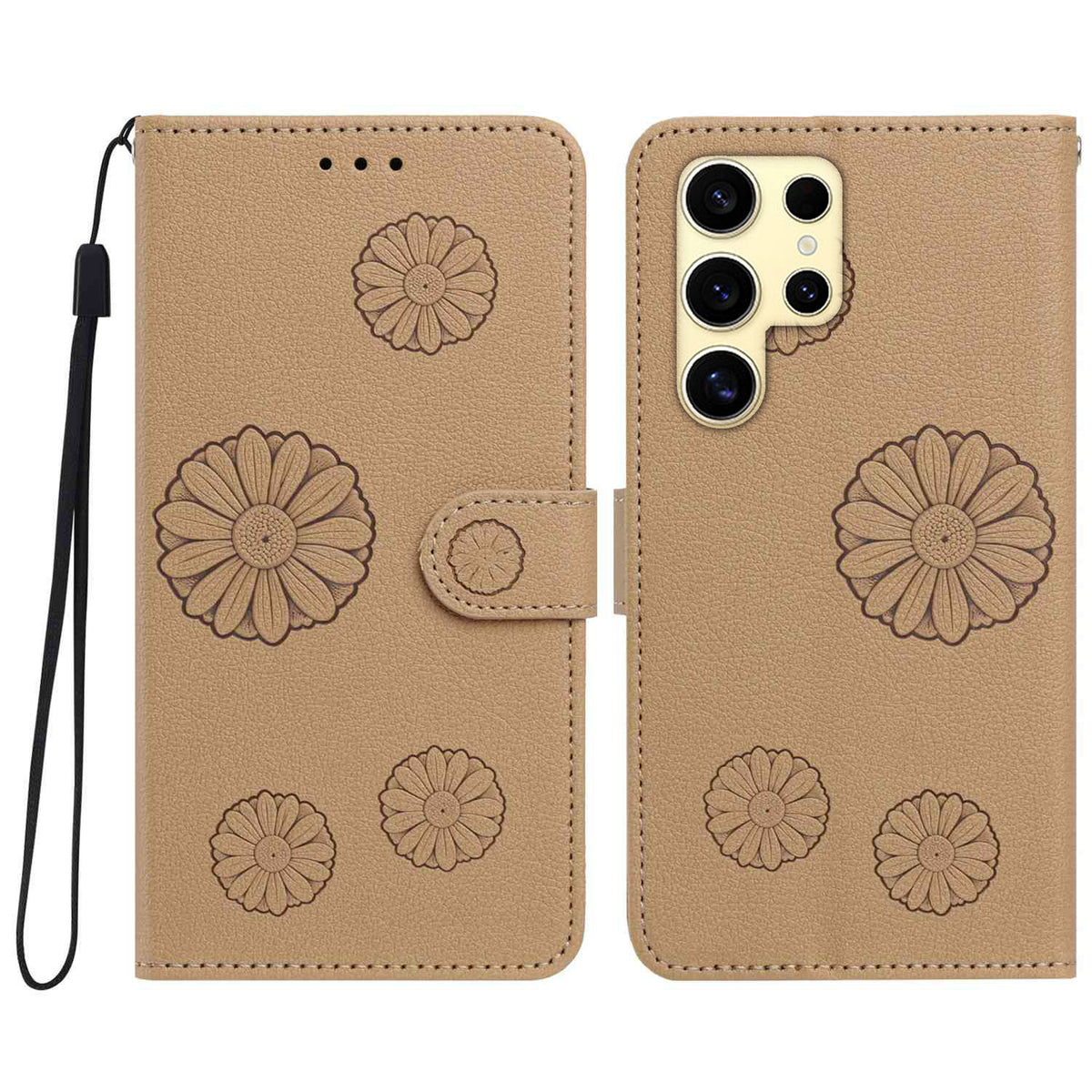 For Samsung Galaxy S22 Ultra 5G Daisy Pattern PU Leather Wallet Phone Cover with Wrist Strap