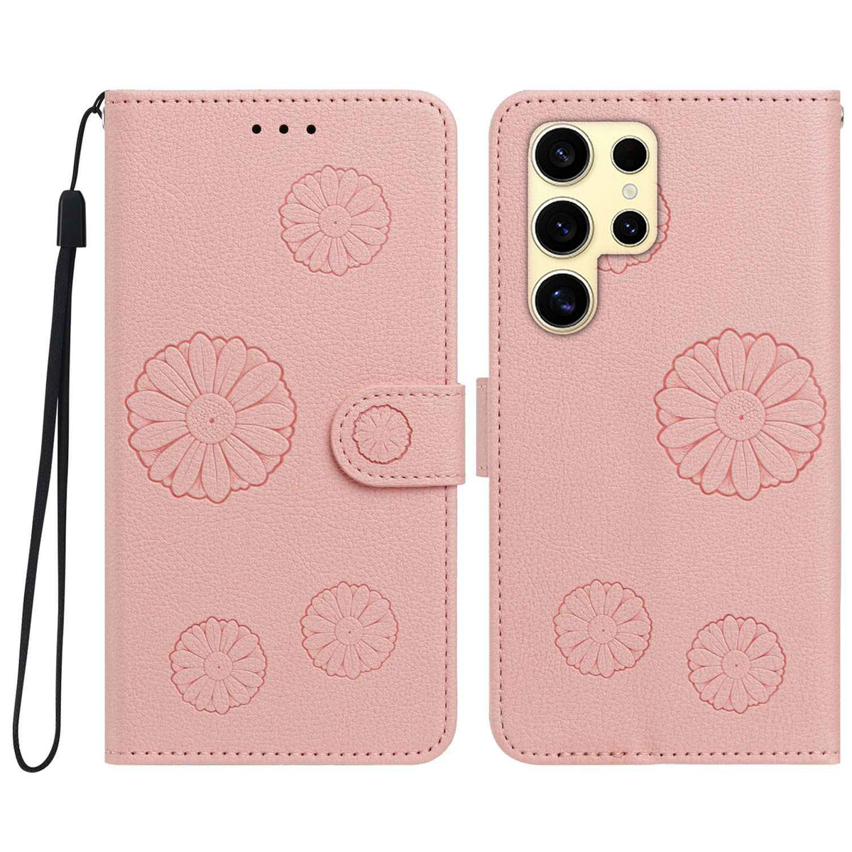For Samsung Galaxy S22 Ultra 5G Daisy Pattern PU Leather Wallet Phone Cover with Wrist Strap