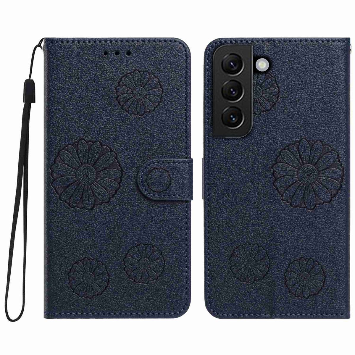 For Samsung Galaxy S22+ 5G Daisy Pattern PU Leather Wallet Phone Cover with Wrist Strap