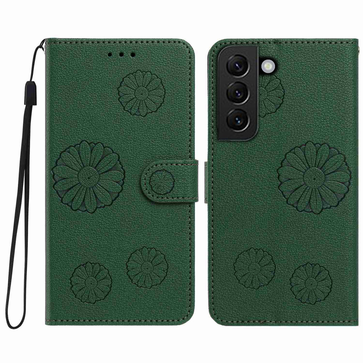 For Samsung Galaxy S22+ 5G Daisy Pattern PU Leather Wallet Phone Cover with Wrist Strap