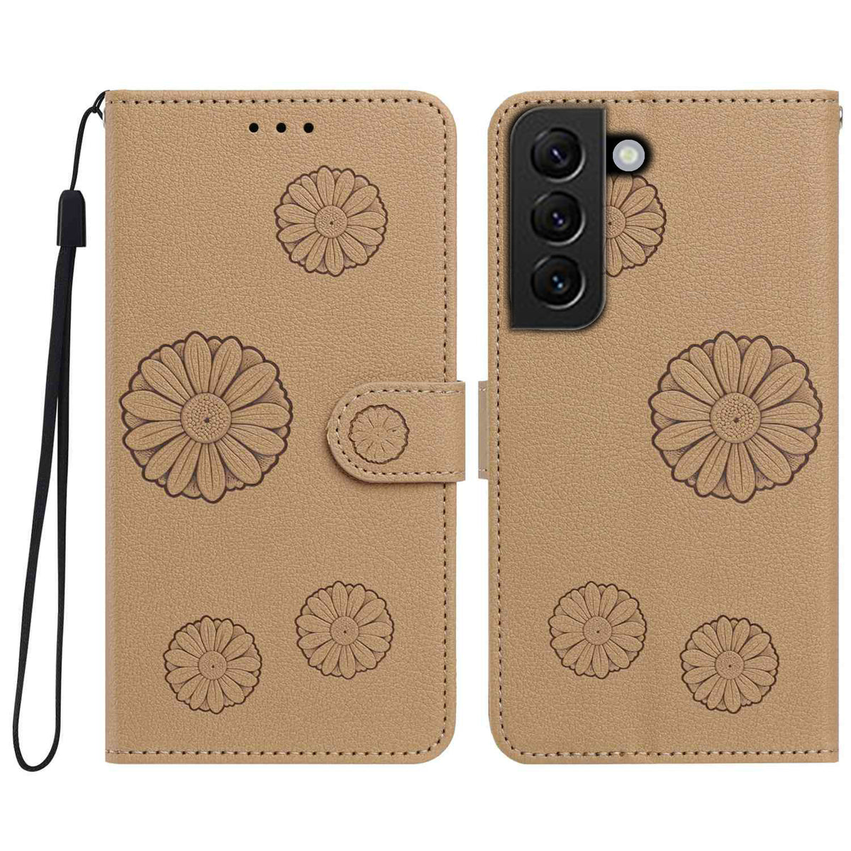 For Samsung Galaxy S22+ 5G Daisy Pattern PU Leather Wallet Phone Cover with Wrist Strap
