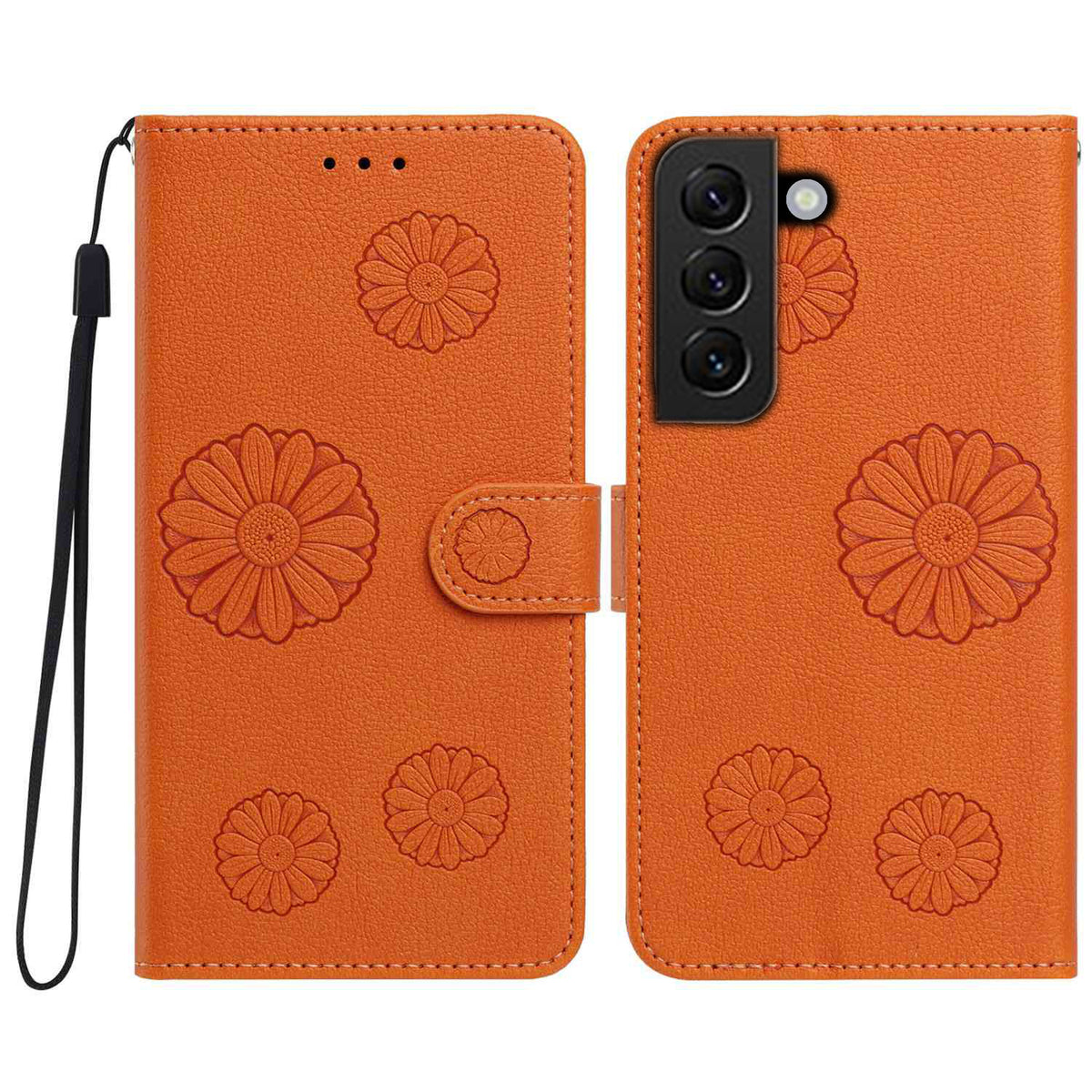 For Samsung Galaxy S22+ 5G Daisy Pattern PU Leather Wallet Phone Cover with Wrist Strap