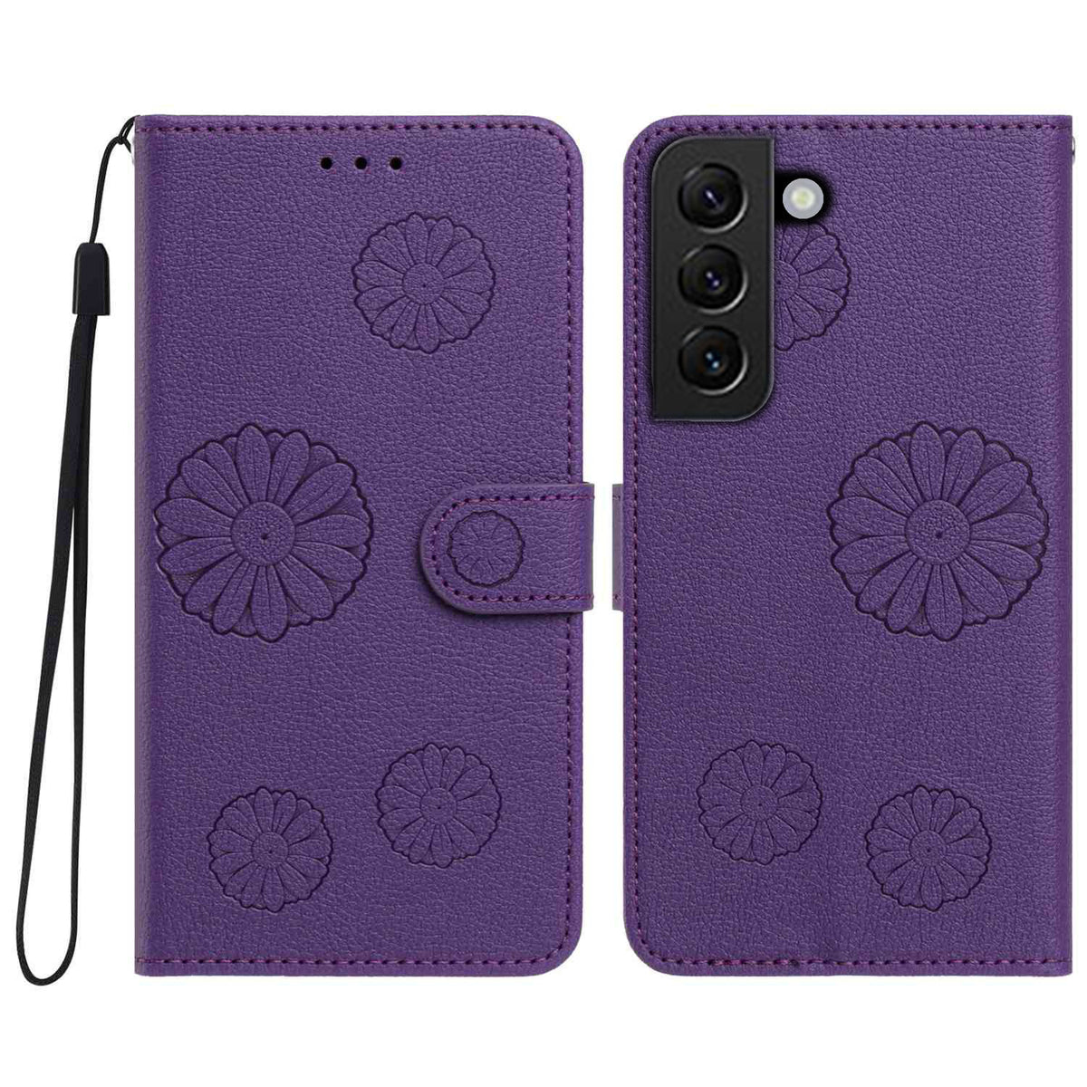 For Samsung Galaxy S22+ 5G Daisy Pattern PU Leather Wallet Phone Cover with Wrist Strap