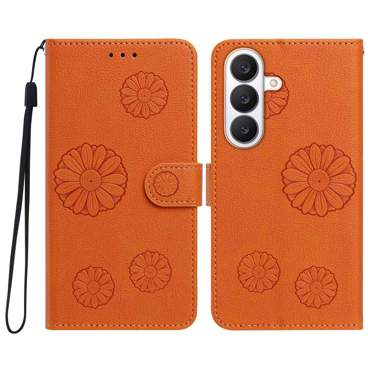 For Samsung Galaxy S25+ Daisy Pattern PU Leather Wallet Phone Cover with Wrist Strap