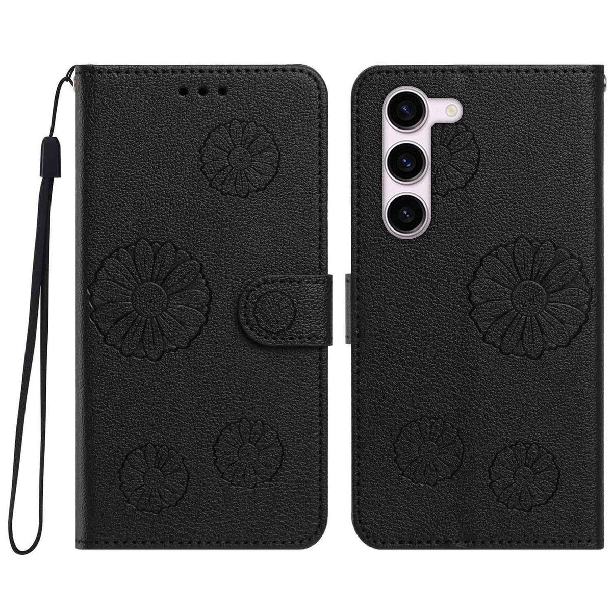 For Samsung Galaxy S23+ Daisy Pattern PU Leather Wallet Phone Cover with Wrist Strap