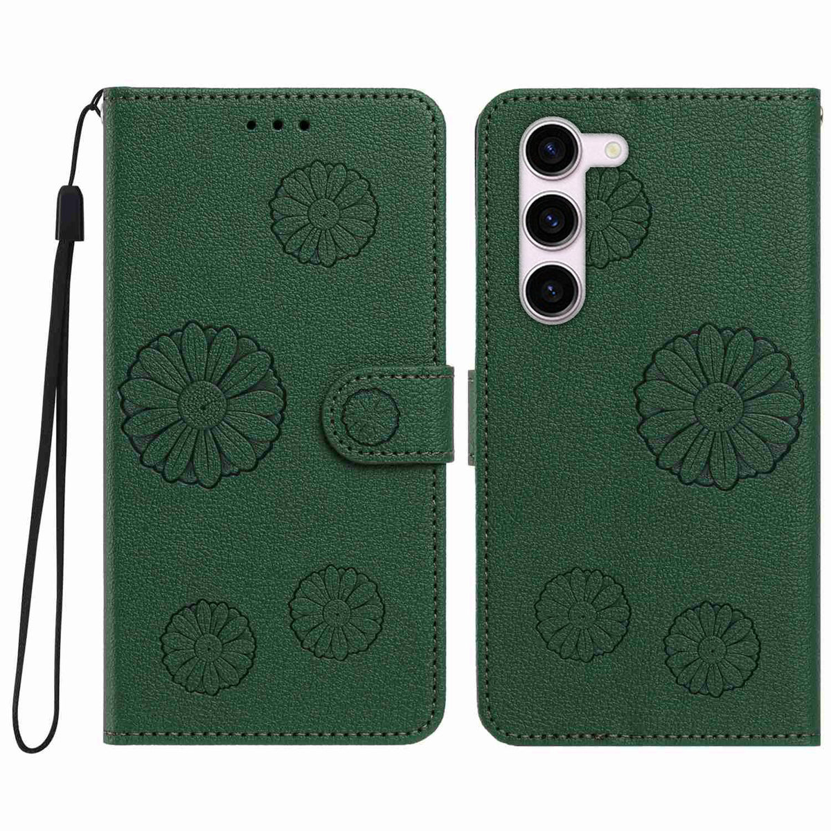 For Samsung Galaxy S23+ Daisy Pattern PU Leather Wallet Phone Cover with Wrist Strap