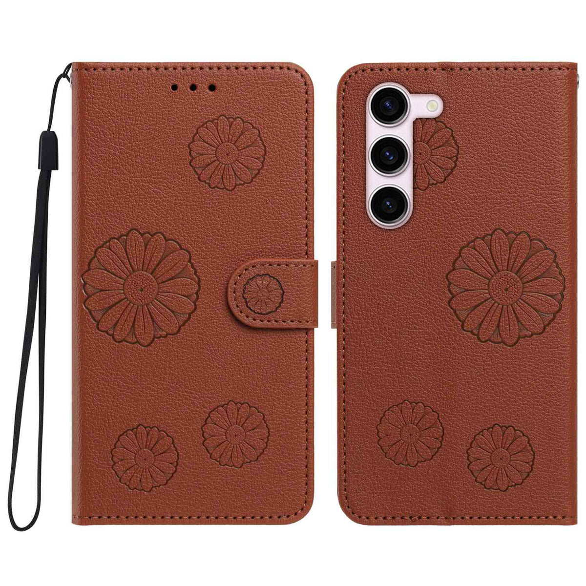 For Samsung Galaxy S23+ Daisy Pattern PU Leather Wallet Phone Cover with Wrist Strap