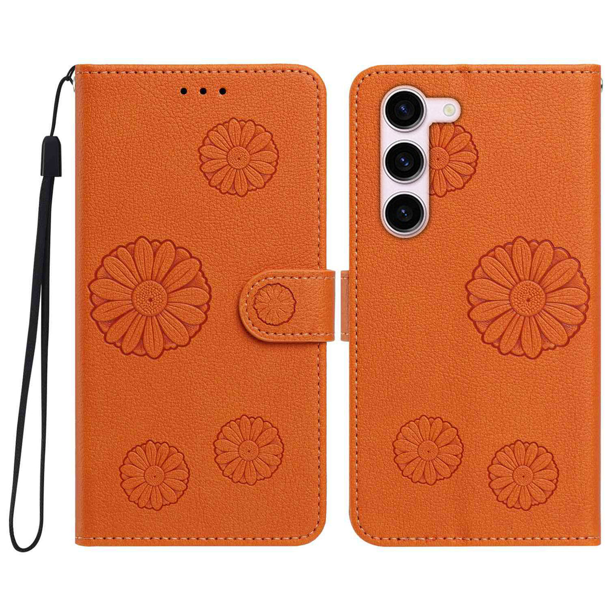 For Samsung Galaxy S23+ Daisy Pattern PU Leather Wallet Phone Cover with Wrist Strap