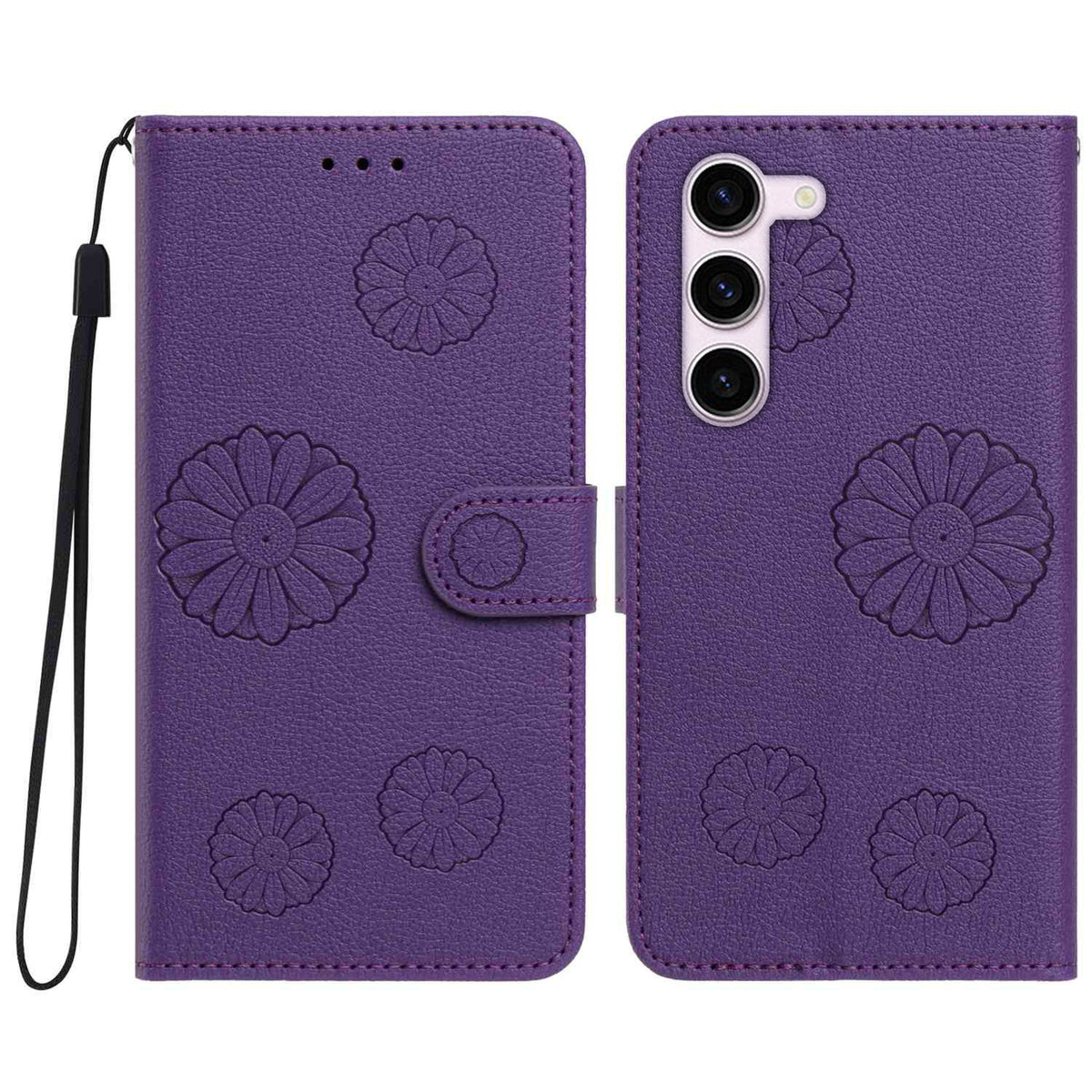 For Samsung Galaxy S23+ Daisy Pattern PU Leather Wallet Phone Cover with Wrist Strap