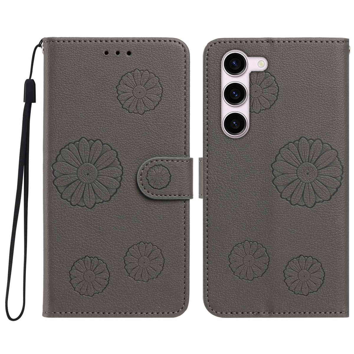 For Samsung Galaxy S23 Daisy Pattern PU Leather Wallet Phone Cover with Wrist Strap