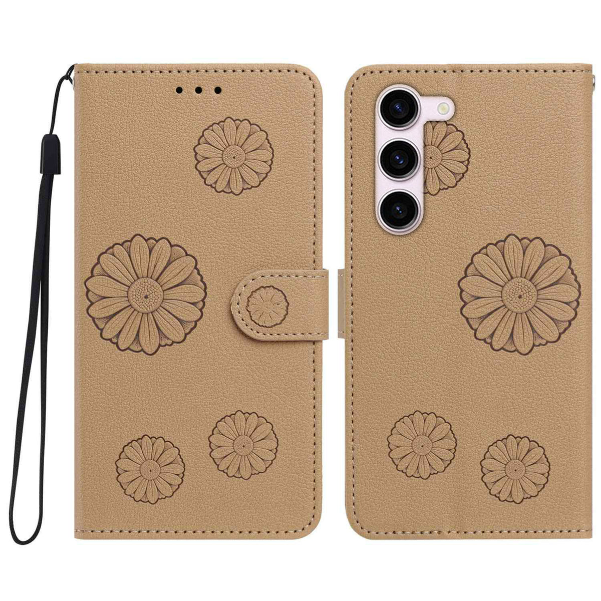 For Samsung Galaxy S23 Daisy Pattern PU Leather Wallet Phone Cover with Wrist Strap