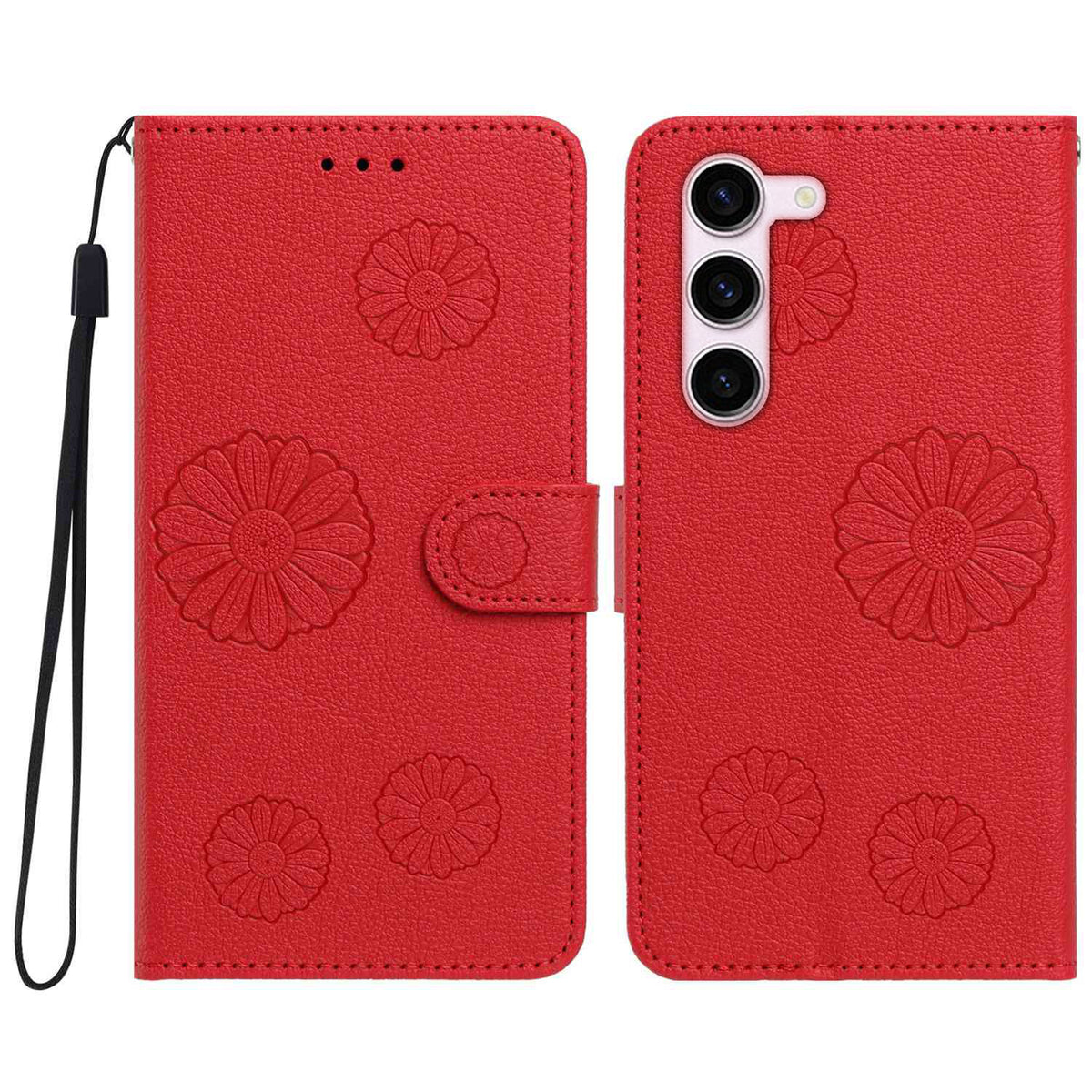 For Samsung Galaxy S23 Daisy Pattern PU Leather Wallet Phone Cover with Wrist Strap