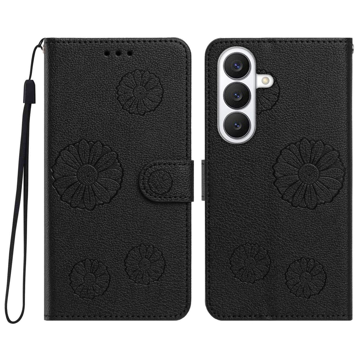 For Samsung Galaxy S25 Daisy Pattern PU Leather Wallet Phone Cover with Wrist Strap
