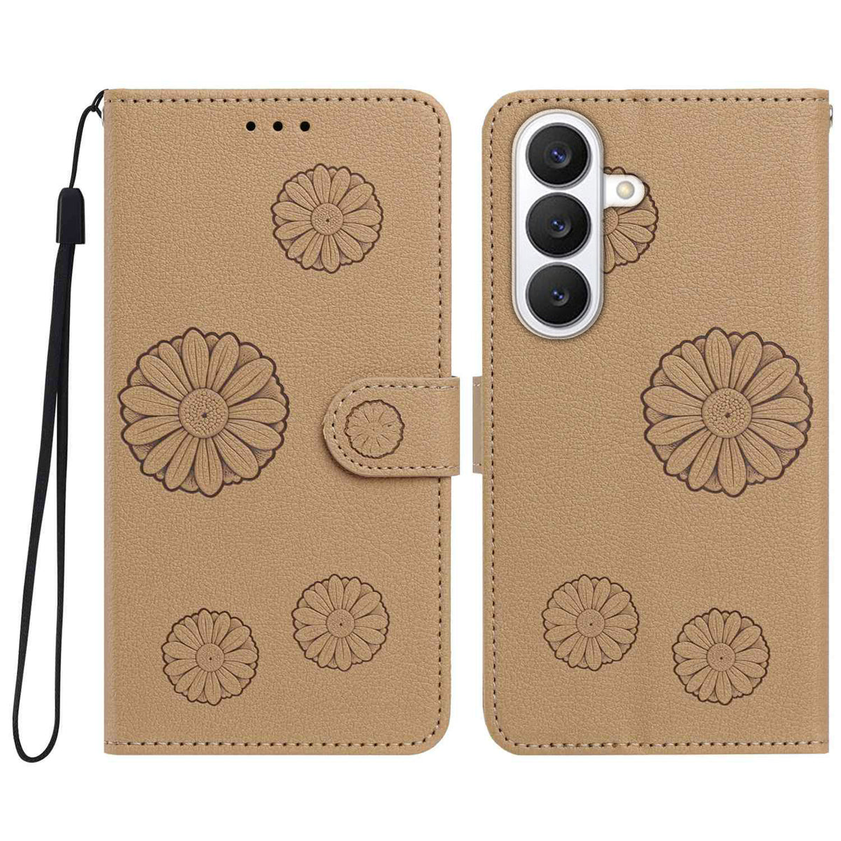For Samsung Galaxy S25 Daisy Pattern PU Leather Wallet Phone Cover with Wrist Strap