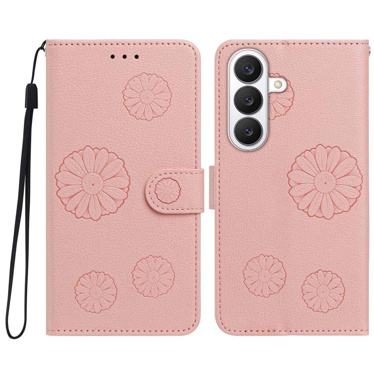 For Samsung Galaxy S25 Daisy Pattern PU Leather Wallet Phone Cover with Wrist Strap