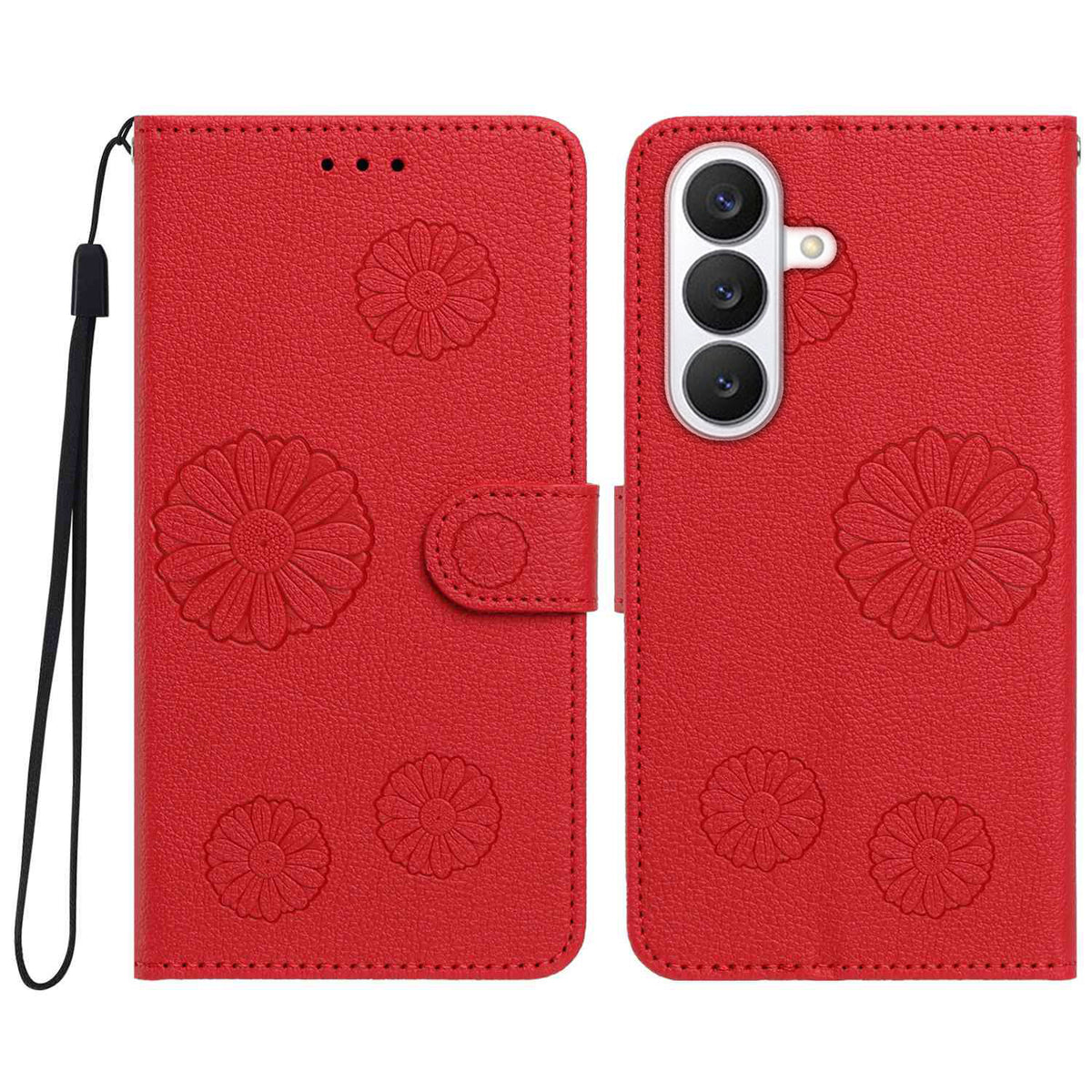 For Samsung Galaxy S25 Daisy Pattern PU Leather Wallet Phone Cover with Wrist Strap