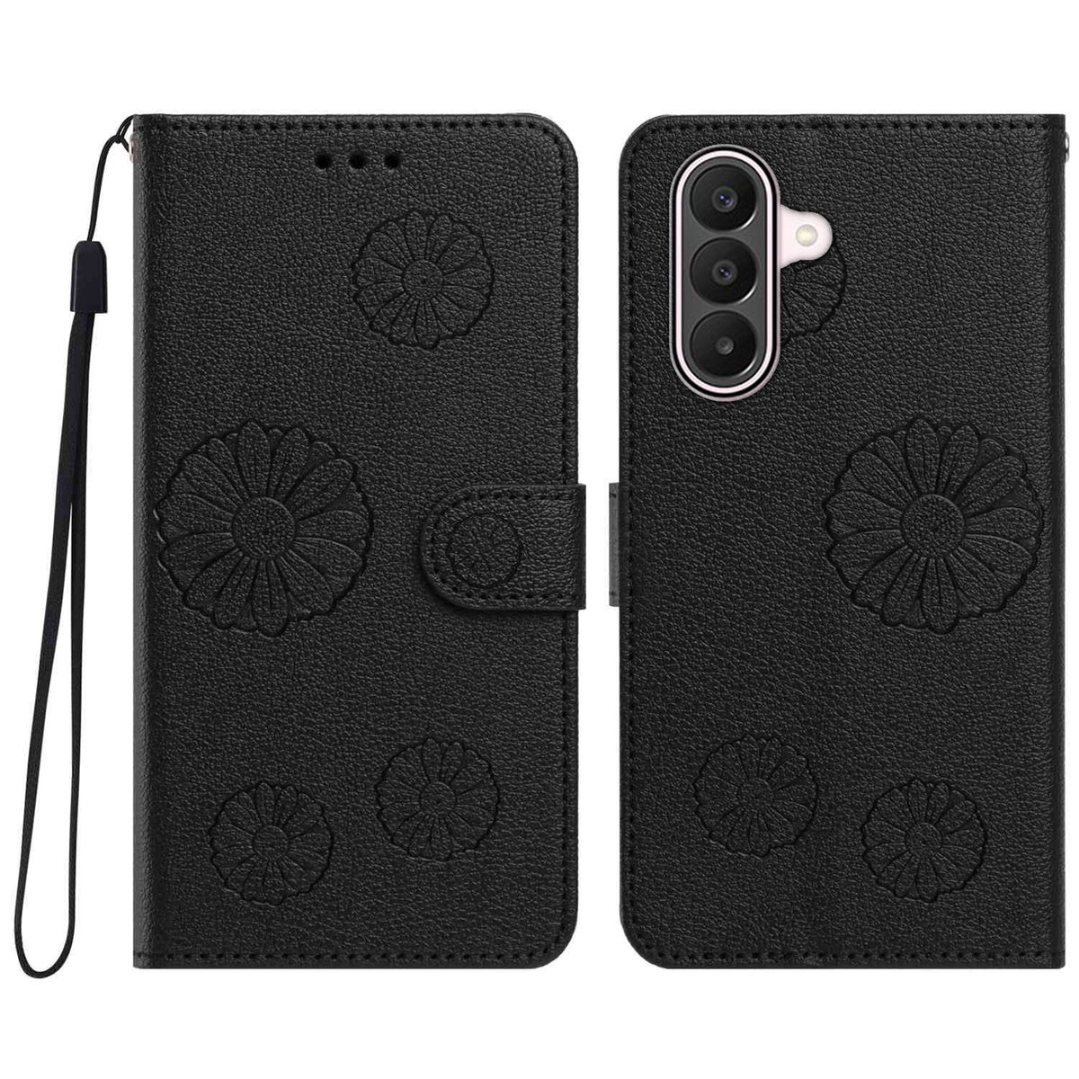 Pungcover i PU-læder til Samsung Galaxy A17 5G / Galaxy A17 4G / Galaxy A18 5G / Galaxy A26 5G / Galaxy A18 4G med margueritmønster og håndledsrem