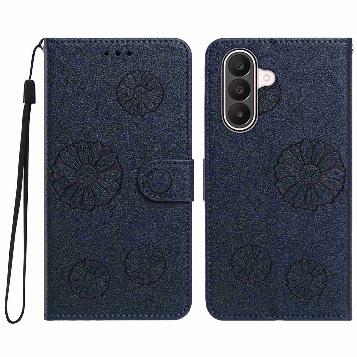 Pungcover i PU-læder til Samsung Galaxy A17 5G / Galaxy A17 4G / Galaxy A18 5G / Galaxy A26 5G / Galaxy A18 4G med margueritmønster og håndledsrem